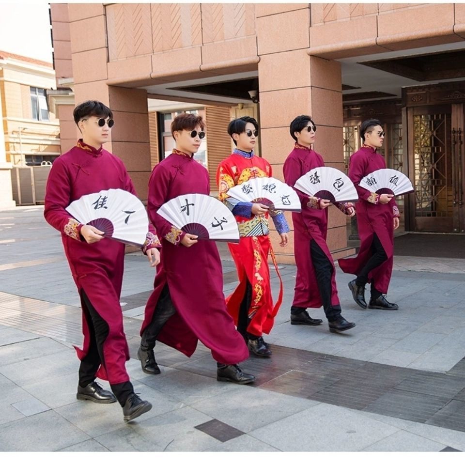 伴郎服中式结婚礼服风复古长衫长袍马褂古装相声大褂兄弟团装