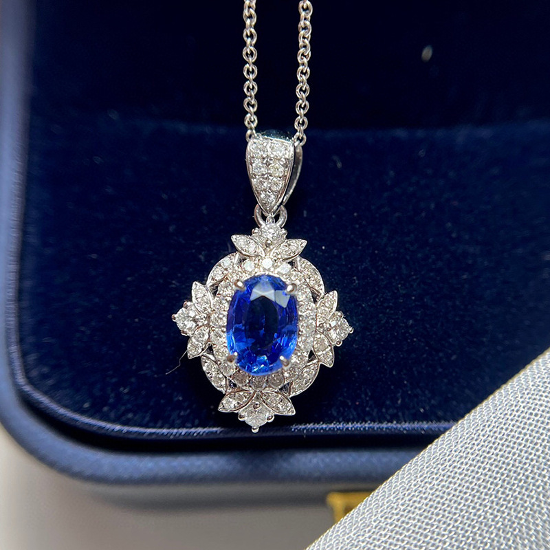 18k金镶蓝宝石吊坠 女 镶钻 彩宝项链 锁骨链 蛋形 1克拉 配证书