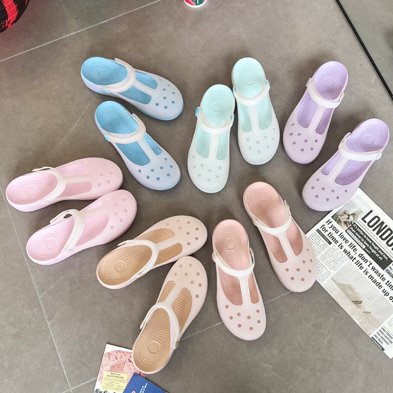 2024年新款厚底洞洞鞋女士夏季外穿果冻沙滩鞋防滑包头玛丽珍凉拖