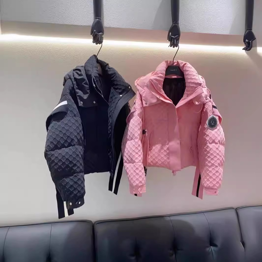 提花拼接街头风可拆卸帽领黑白粉短款羽绒服女冬季2024新款厚潮牌