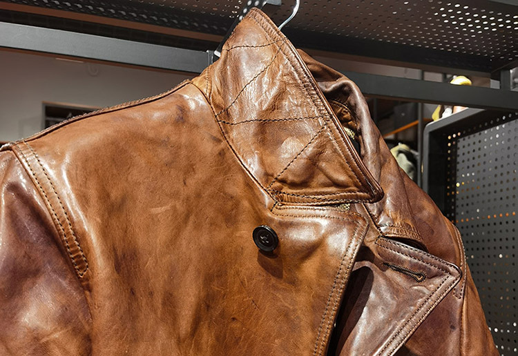 日系复古做旧油蜡马皮皮衣男棕色阿美咔叽重水洗调度员真皮夹克