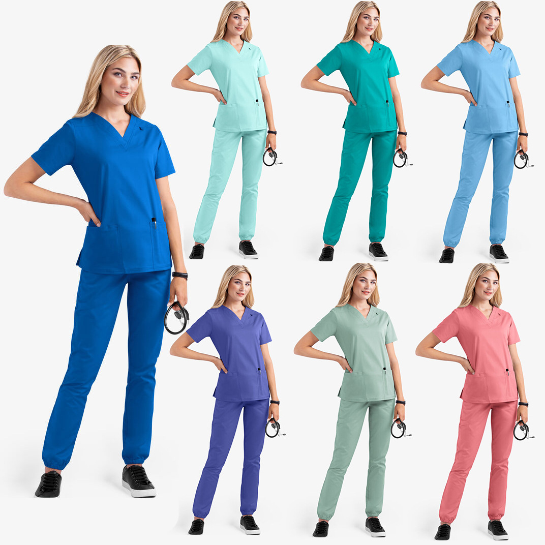 2023 European and American new style solid color pocket V-neck nursing work uniform nurse clothes two-piece suit women's short sleeve image