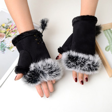 厂家销售麂皮绒兔毛半指手套 女 冬天手套 保暖手套电脑手套批发