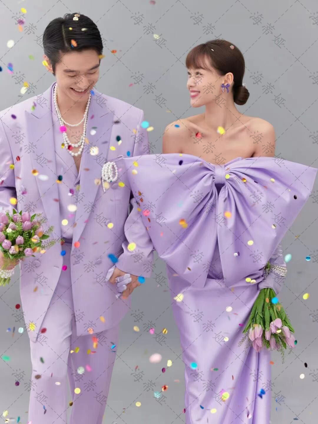 展会新款影楼主题婚纱流行年轻时尚公主风婚纱照紫色缎面情侣套装