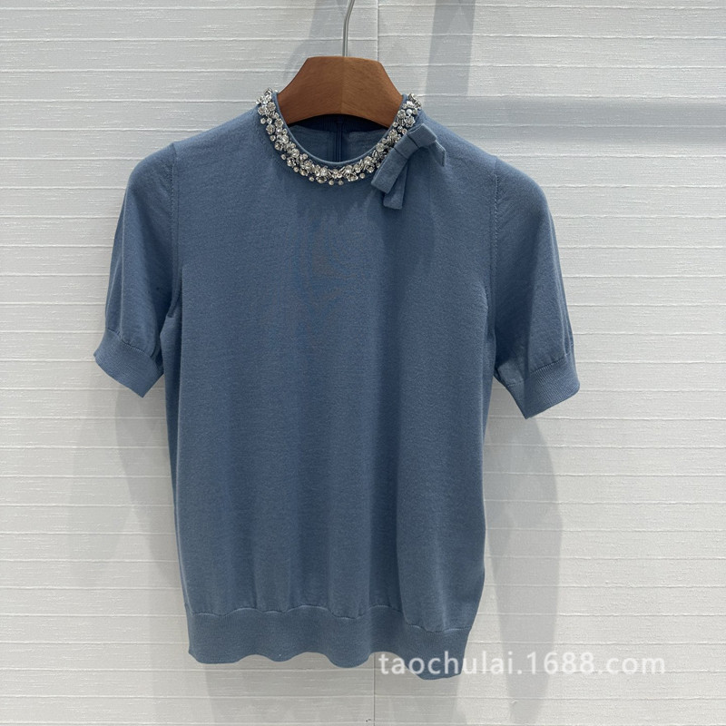 水钻短袖针织衫甜美优雅气质百搭蝴蝶结设计圆领半袖上衣bt68751