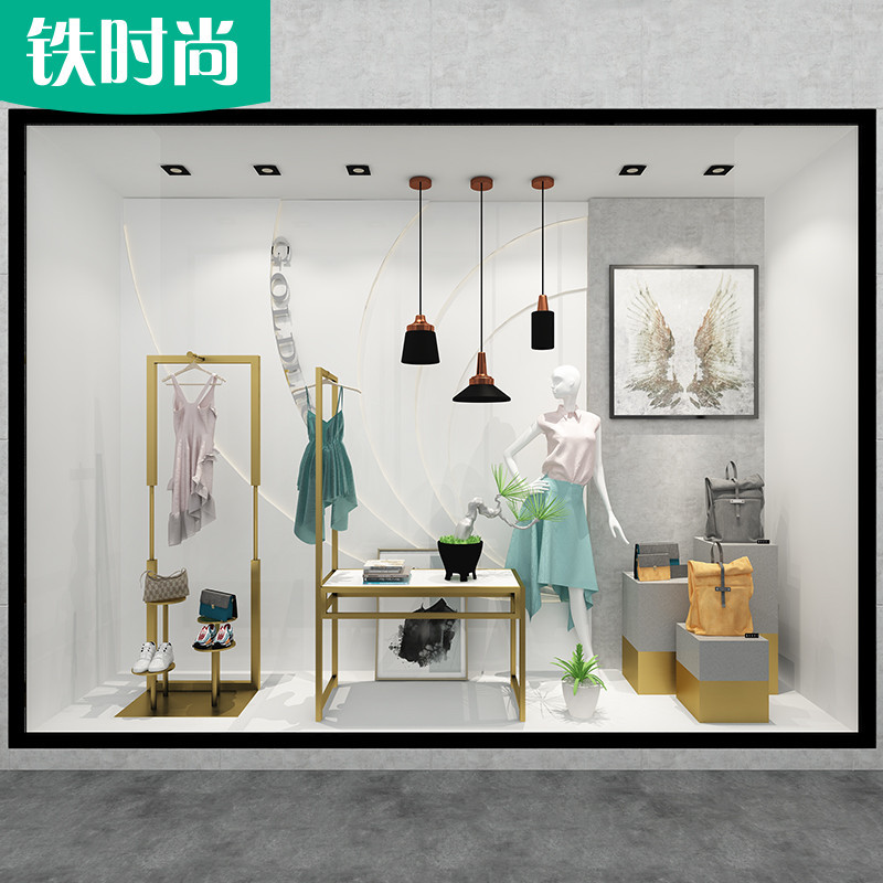 服装店橱窗展示架女装装饰道具设计摆件金色陈列中岛鞋包架展示台