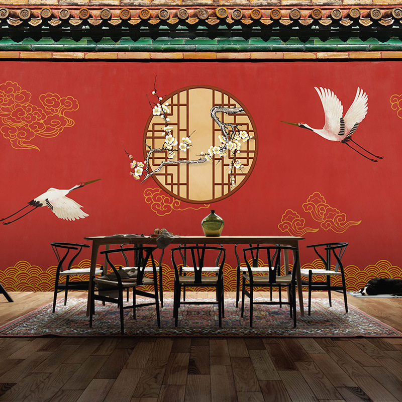 中式花鸟故宫墙纸古风汉服拍照直播背景壁纸剧本杀火锅店屋檐壁画