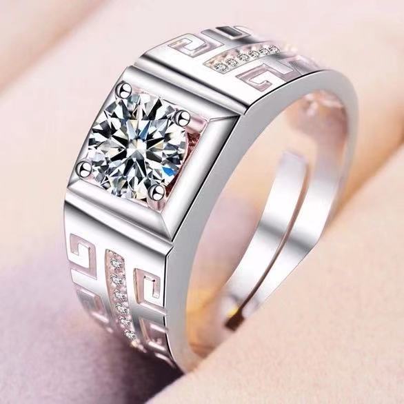 Tiktok Kuaishou Wedding Imitation Moissanite Diamond Ring Six-Claw Ring Female Open Couple Couple Rings Zircon 1 Karat Silver Ring