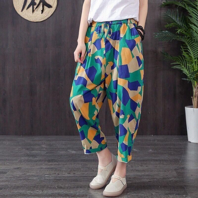 Large Size Women's Clothing 2023 New Women's Cotton Pants Fashion Mom Pants Summer Thin Printed Cropped Casual Harem Pants