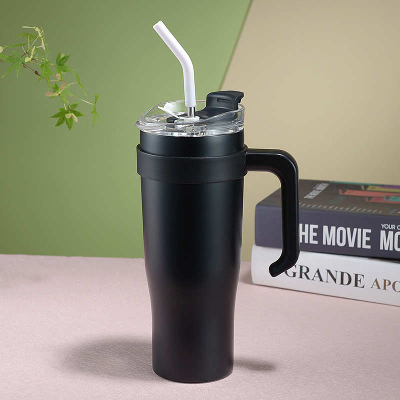 New 304 Double-Layer Vacuum Large Ice Cup Cross-Border Stainless Steel Vacuum Cup with Handle Portable Cup with Straw