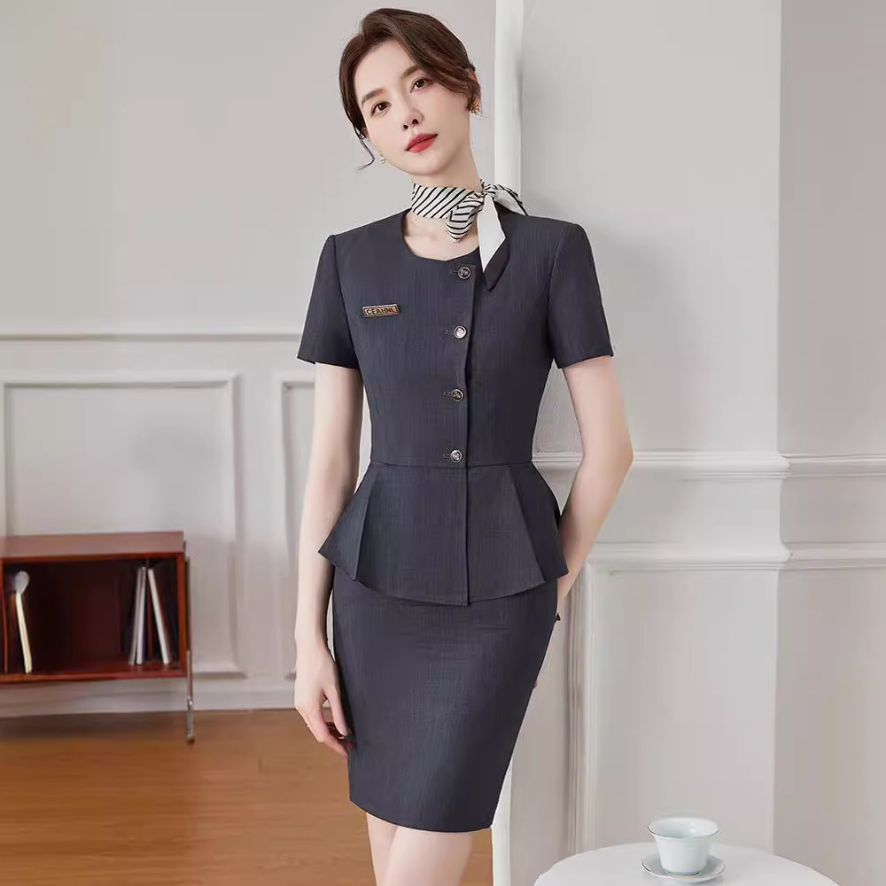 职业套裙女时尚荷叶边显瘦西装套装前台接待工装售楼部4s店工作服