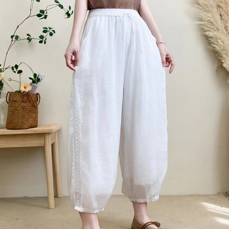 大码宽臀纯色苎麻混纺女式灯笼裤2024夏季拼接萝卜裤文艺女九分裤