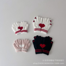 韩系儿童时尚桃心亲子分指手套冬季新款男女宝宝保暖毛线五指手套