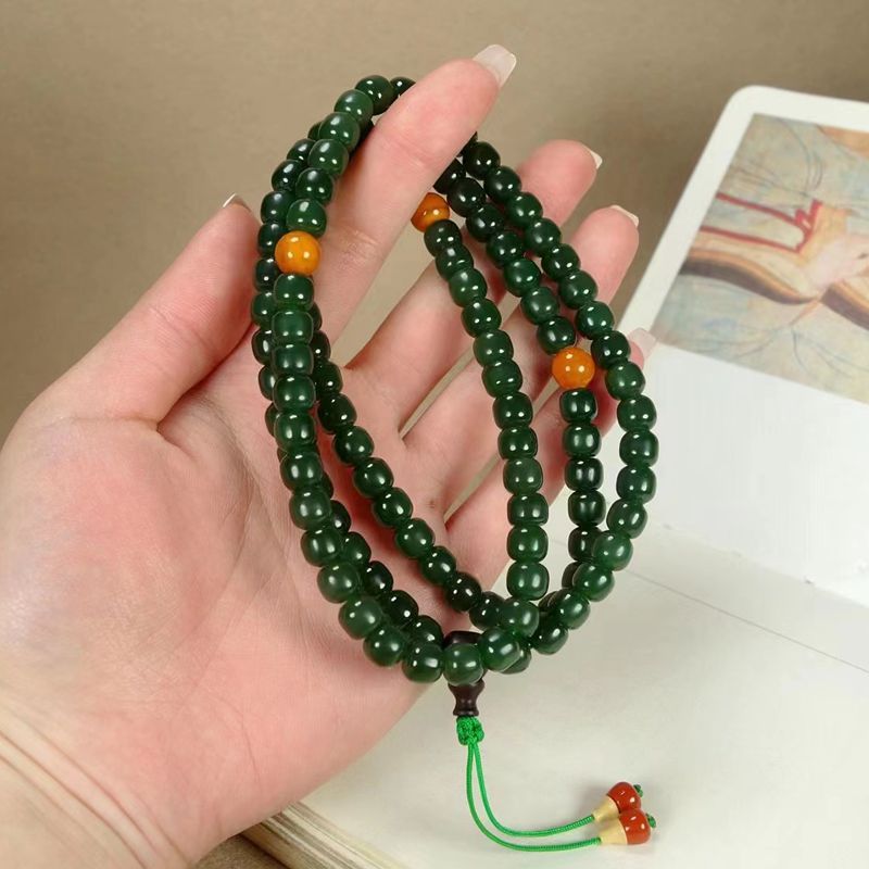 温润斋天然新疆和田玉俄料碧玉菠菜绿玉石6*7老型珠108颗佛珠手链