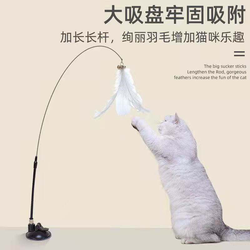 Pet Cat Toy Sucker Steel Wire Feather Cat Teaser Long Brush Holder with Bell Kitty Self-Hi Pet Toy