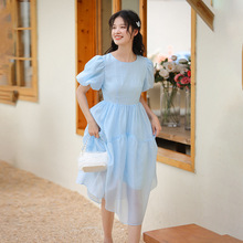 2023夏季新款法式少女设计感洋气圆领泡泡袖纯色公主韩系连衣裙女