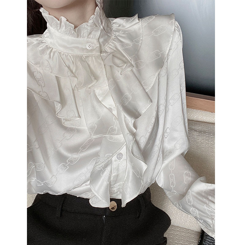 2020秋冬缎面宫廷风衬衫女荷叶边法式气质女神范立领雪纺长袖上衣