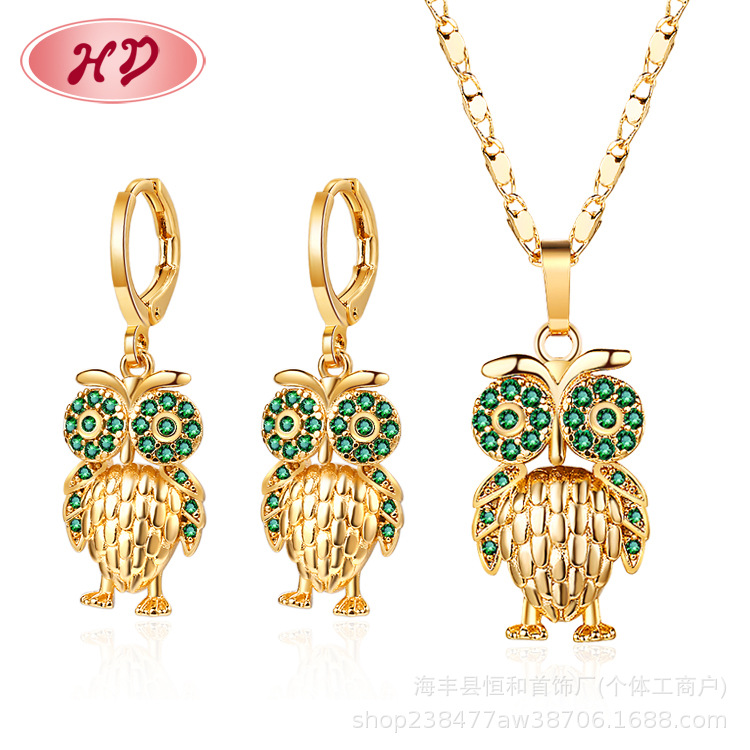 复古女孩电镀锆石18k镀金猫头鹰吊坠耳环耳扣项链珠宝首饰套装