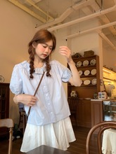 夏季新款女装韩系减龄泡泡袖衬衫设计感蕾丝边拼接宽松压褶上衣潮