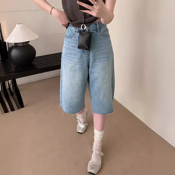 emoni 蓝色裤脚虚边六分牛仔裤女2024夏季新款高腰休