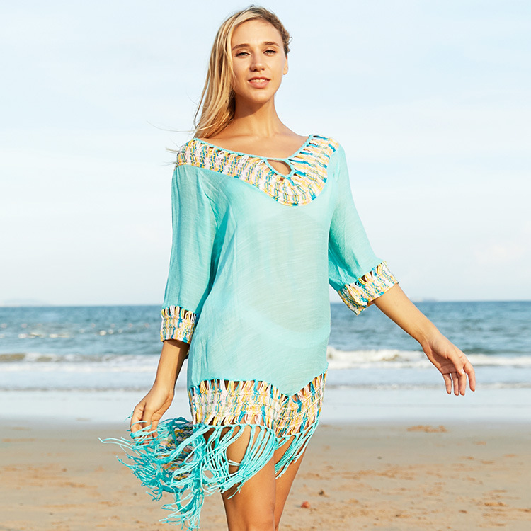 厂家批发欧美名媛钩针流苏空调衫沙滩防晒美背衬衫性感甜美泳装女