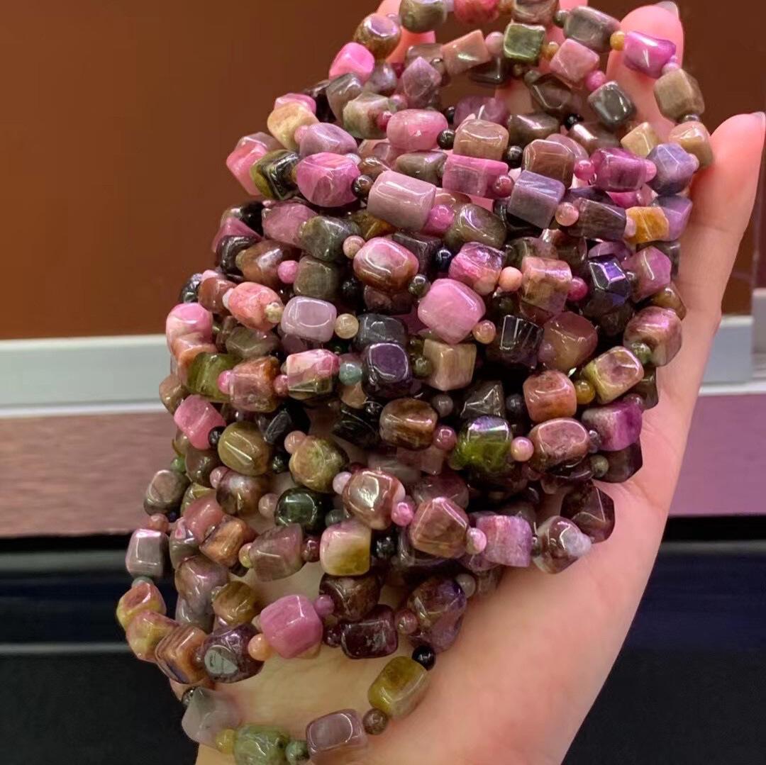 巴西碧玺方块手链颜色漂亮无暗色随形方块彩虹碧玺手链 diy手饰