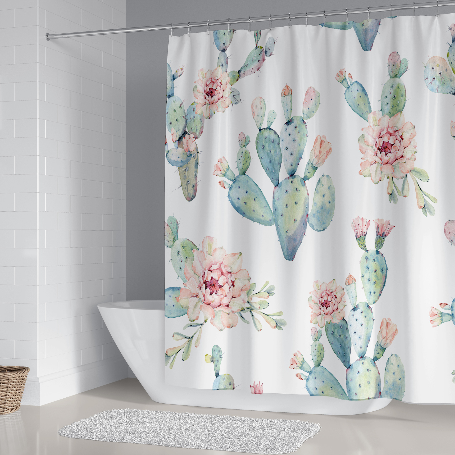 Simple Elegant Cactus Flower Shower Curtain Set 3d Printing Punch-Free Bathroom Curtain Shower Curtain Non-Slip Mat