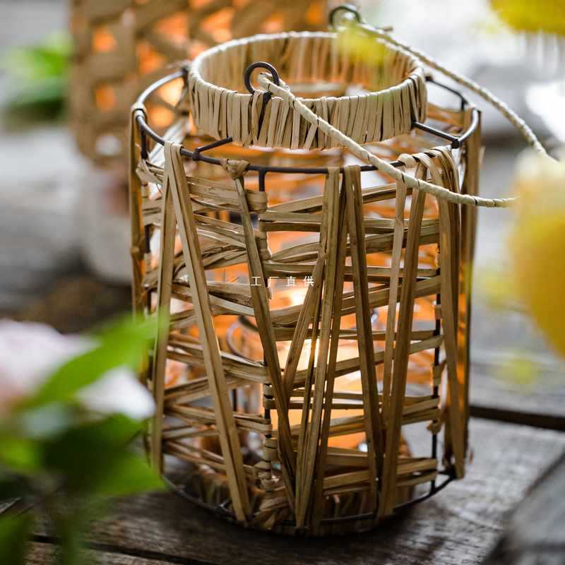 w5pq自然色三角草编提手风灯烛台灯笼落地挂饰摆件手工编织田