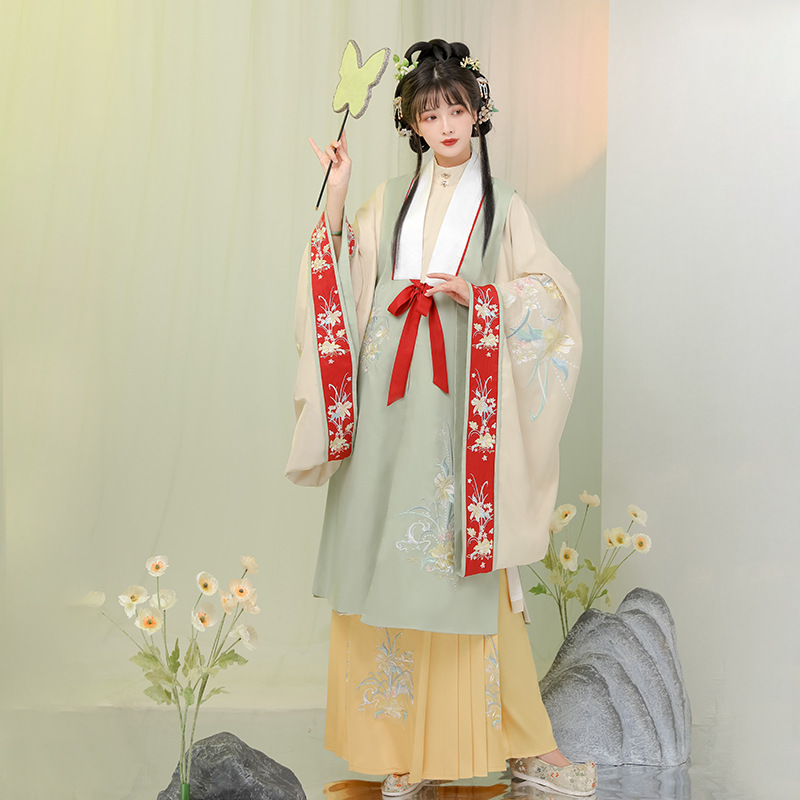 原创设计时雨月明制褙子汉服女中国风春夏齐腰褶裙三件套8257