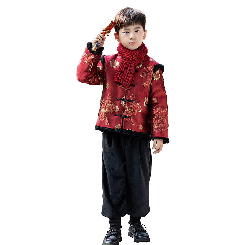 Children's New Year Clothes Fleece-lined Tang Suit Winter Boys Chinese Style Han Costume Two-Piece Set Student Ancient Costume Performance Clothes with Scarf for Free