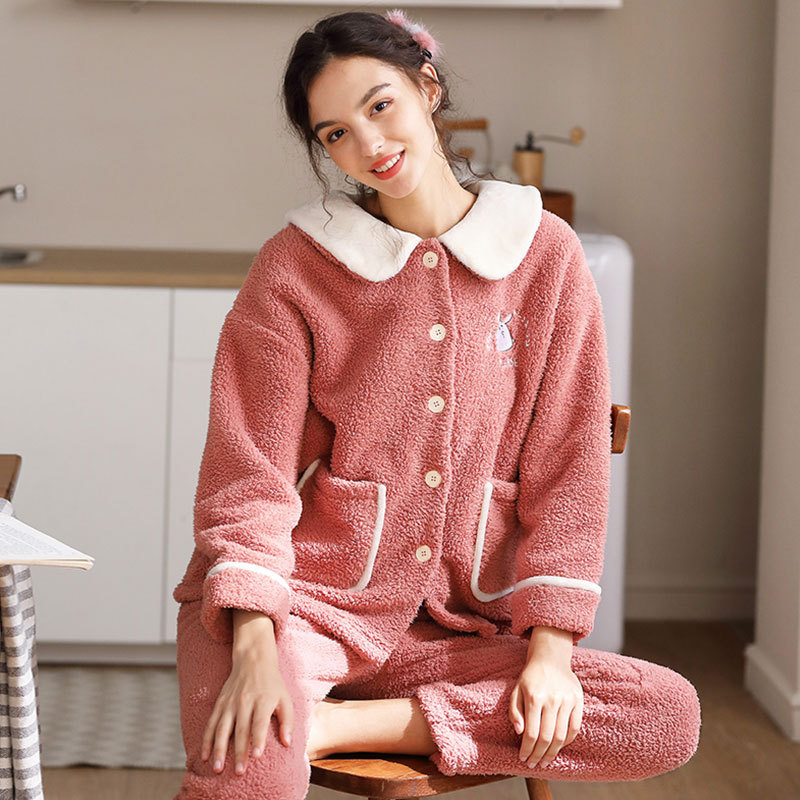 珊瑚绒睡衣女加绒加厚可外穿开衫粉色法兰绒秋冬季新款家居服套装