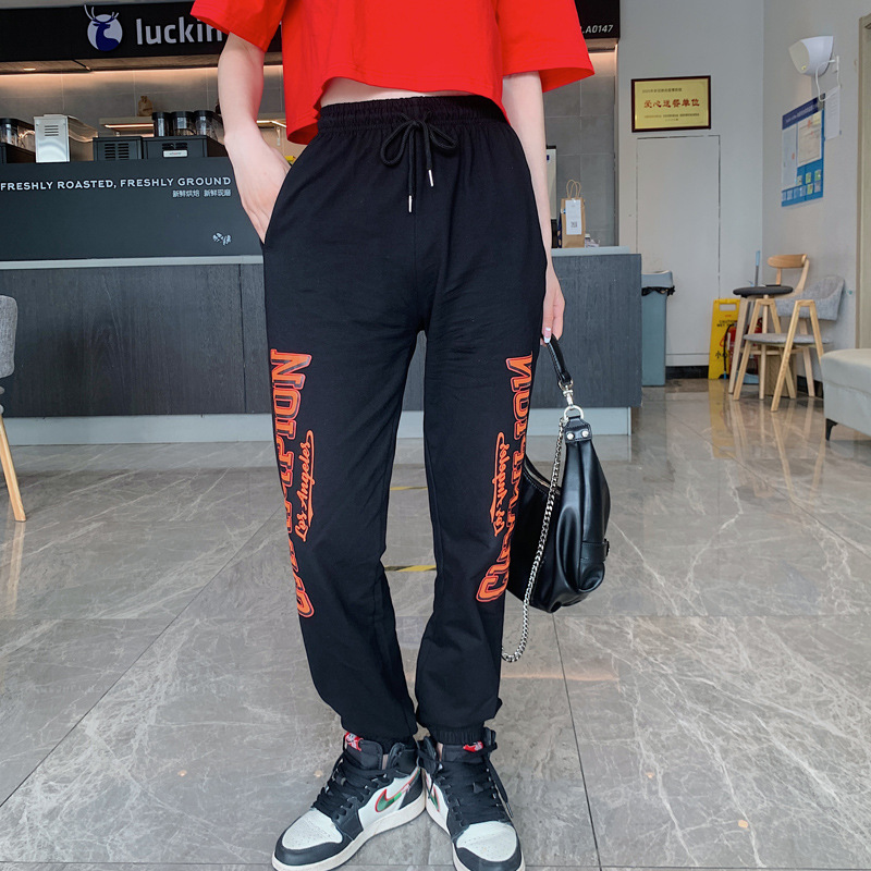 hiphop街舞爵士舞卫裤春夏薄款裤子松紧腰束脚印花宽松休闲裤女