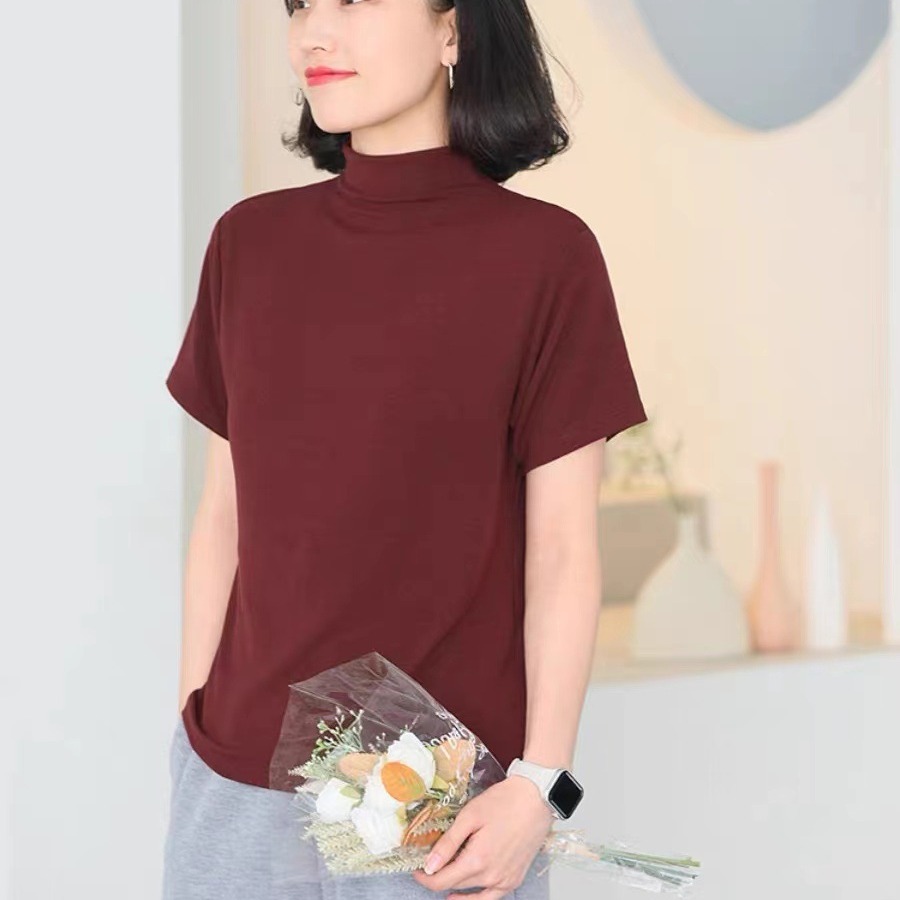 spring new elastic short sleeve women‘s half turtleneck artistic solid color slim fit slimming casual all-match t-shirt 9227