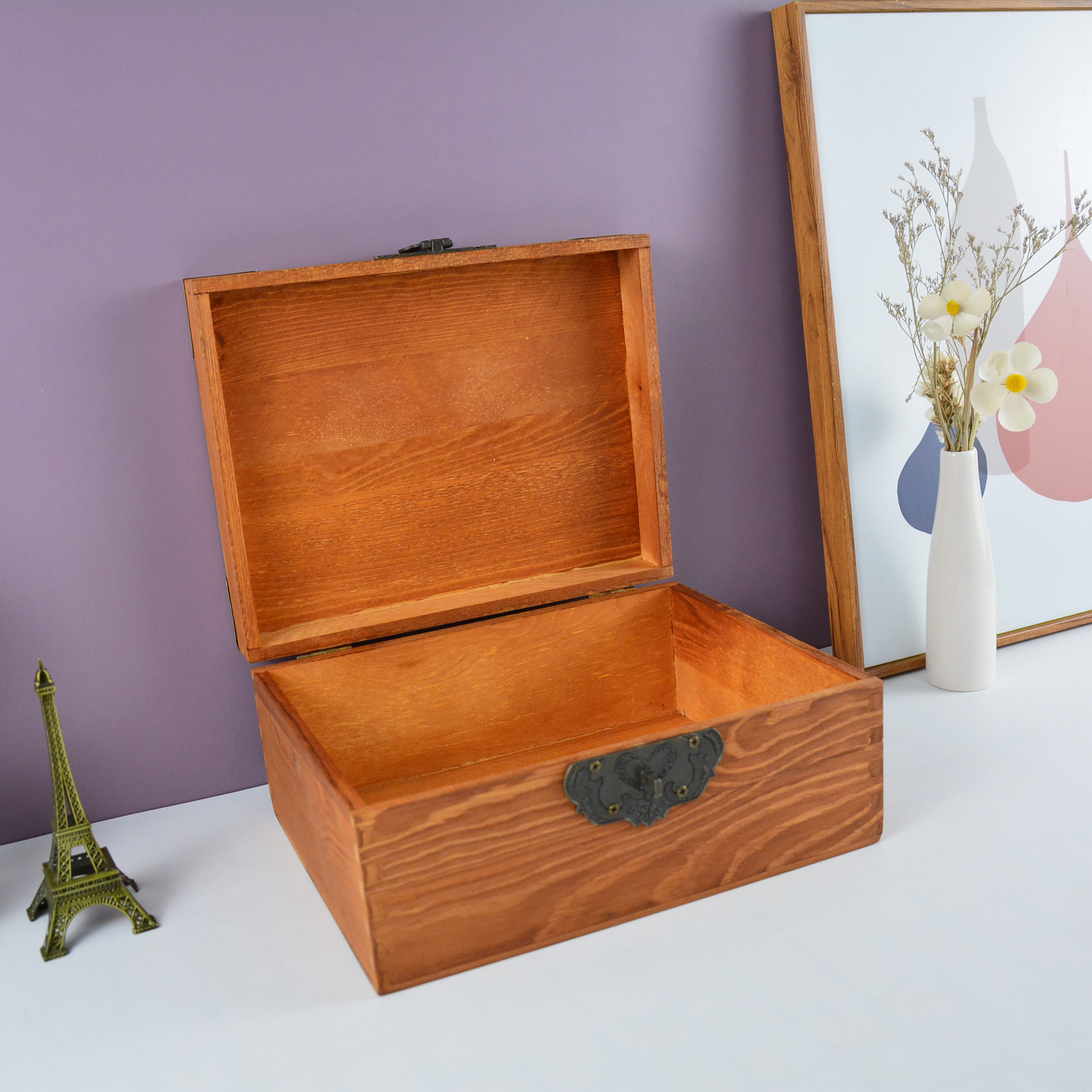 带锁复古翻盖木制包装盒储物盒松木盒子长方形证书桌面收纳盒