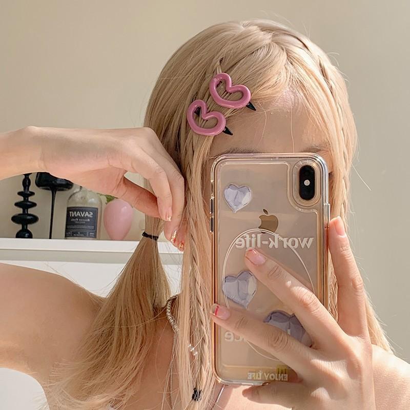 Pink Heart Earrings for Girls Barrettes Cute Sweet Trumpet Bangs Side Clip Simple All-Match Internet Celebrity Hairpin Hair Ornaments