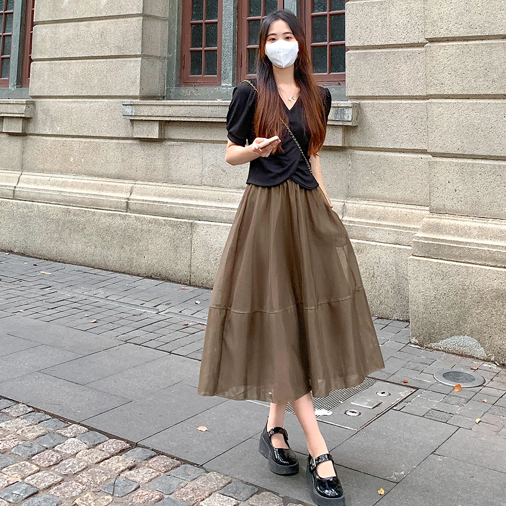 纱裙短裙半身裙2022夏季新款高腰网纱裙宽松遮跨a字蓬蓬伞裙中长