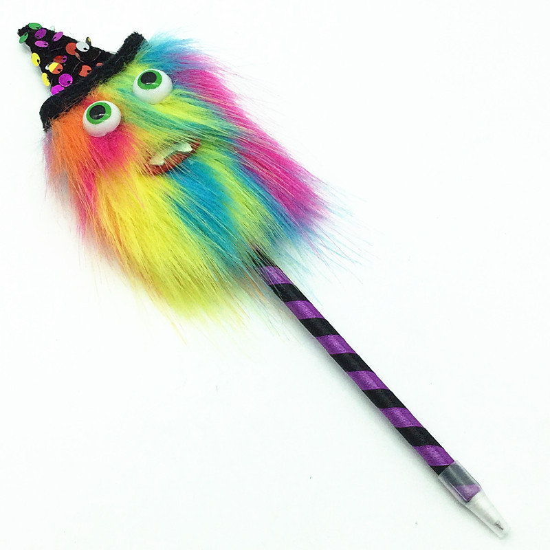 Halloween Pompom Pen Ballpoint Pen Convex Eye Teeth Monster Pen Drag Novelty Stationery Bi-Color Pencil Gift Pen Wholesale