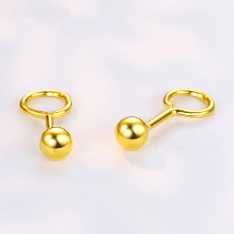 足金999光珠耳钉24k黄金光面珠弯钩耳饰3d硬金豆豆金珠耳扣送闺蜜