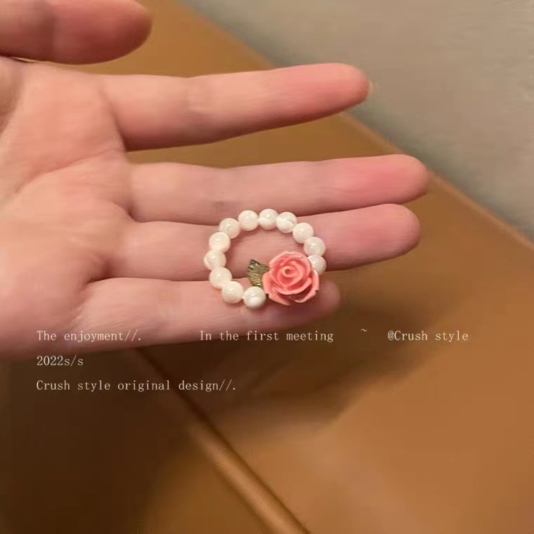 Graceful Mori Rose Flower Beaded Ring for Women Freshwater Pearl Gentle Elastic Finger Ring Hand Jewelry Wholesale