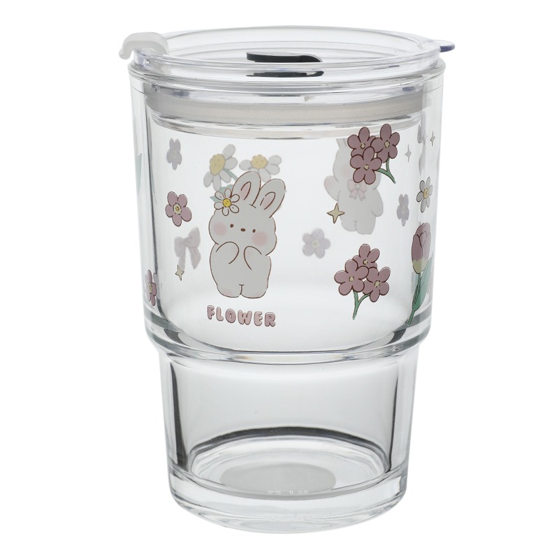 Thermal Transfer Printing Flower Room Rabbit Glass Straw Cup Girl Heart Glass Cup Milk Tea Cup Student with Cover