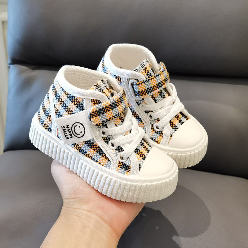 Fall 2023 High-Top Plaid Canvas Shoes Sneakers Kindergarten Male and Female Baby Shoes Children's Shoes Sneakers Casual