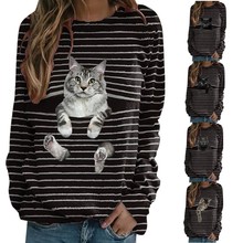 2022亚马逊外贸女装新款3D猫咪印花休闲长袖T恤女士时尚条纹上衣