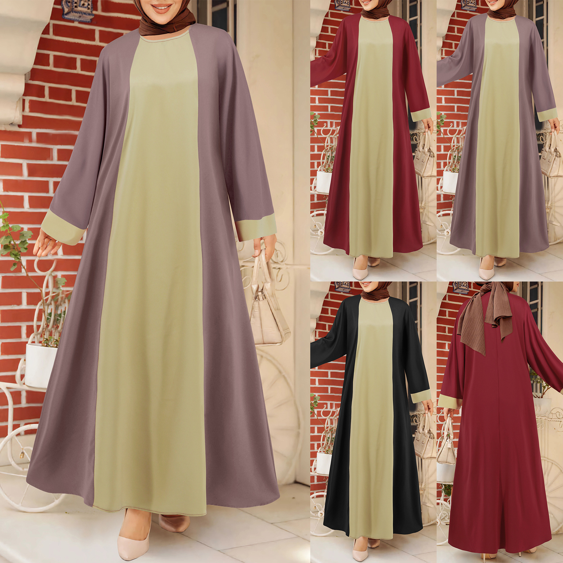2024新款中东阿拉伯女装宽松气质撞色圆领长袍裙子优雅气质连衣裙