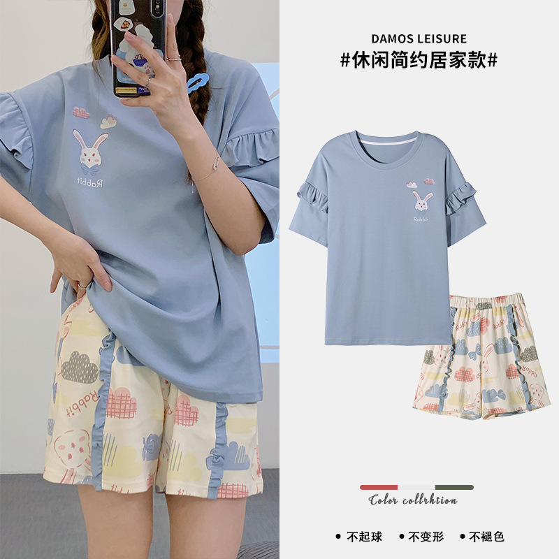 2023 Pajamas Women's Summer Short Sleeve Shorts Suit Cotton Korean Style Student Cartoon Cute Loungewear Can Be Worn outside