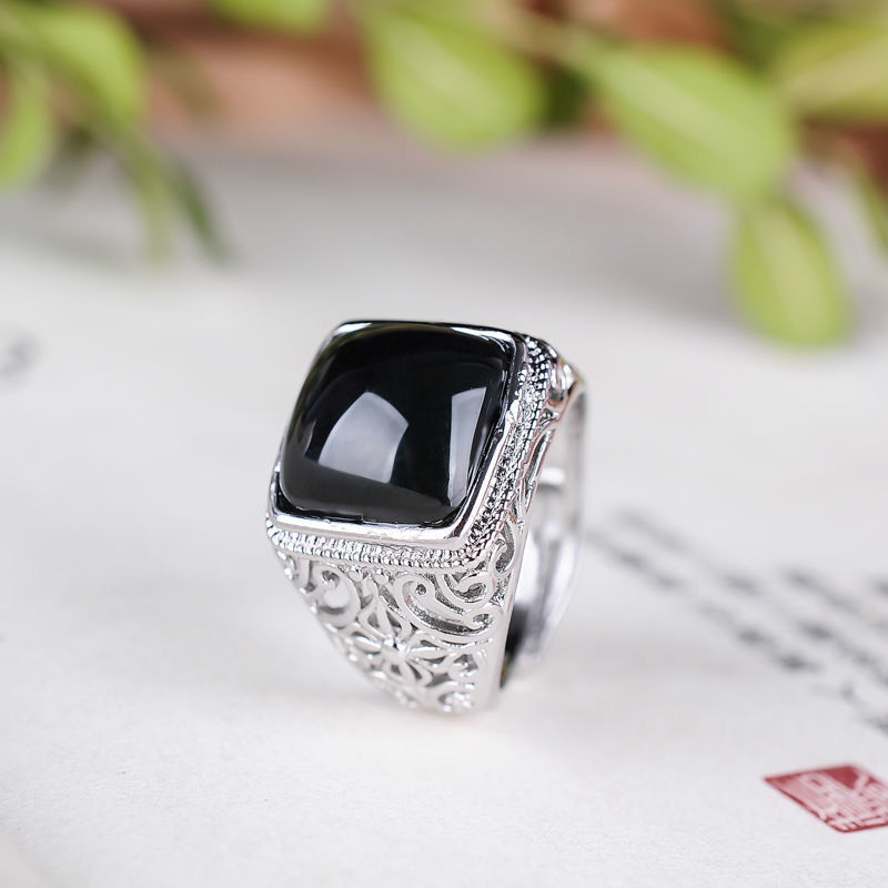 缅甸翡翠冰种墨翠马鞍戒指戒面玉男s925银托男款天然玉石戒圈活口