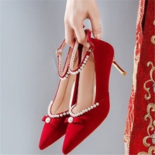 珍珠婚鞋感夏季女新娘鞋细跟不累脚红色高跟鞋孕妇秀禾服单鞋