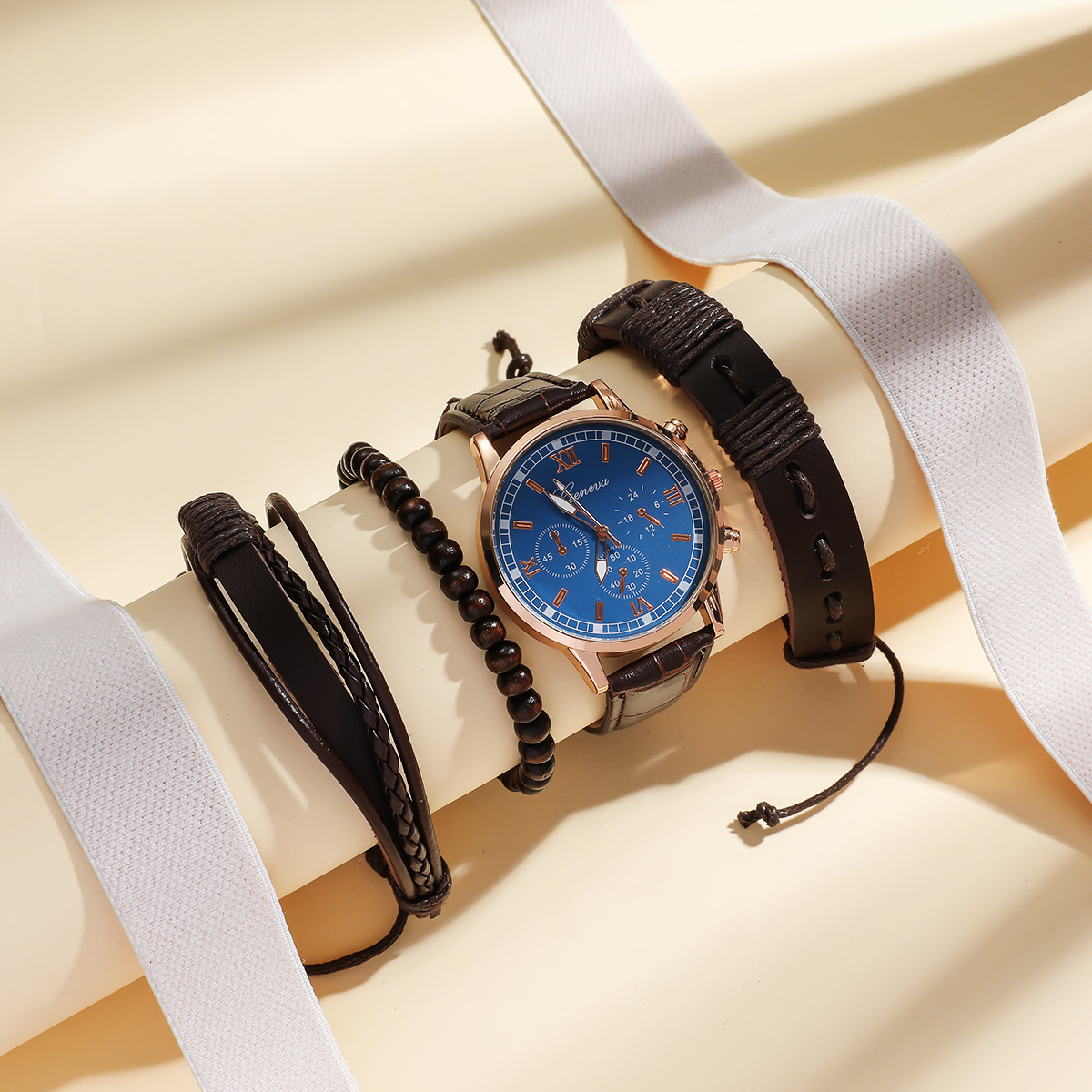 三只眼商务时尚潮流皮带石英手表加手链 3pcs/set-阿里巴巴