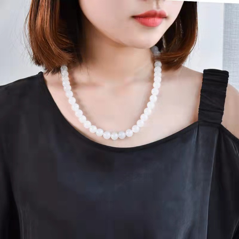 新疆和田白玉汉白玉短款项链 仿玉圆珠8mm珠子项链羊脂级气质女款
