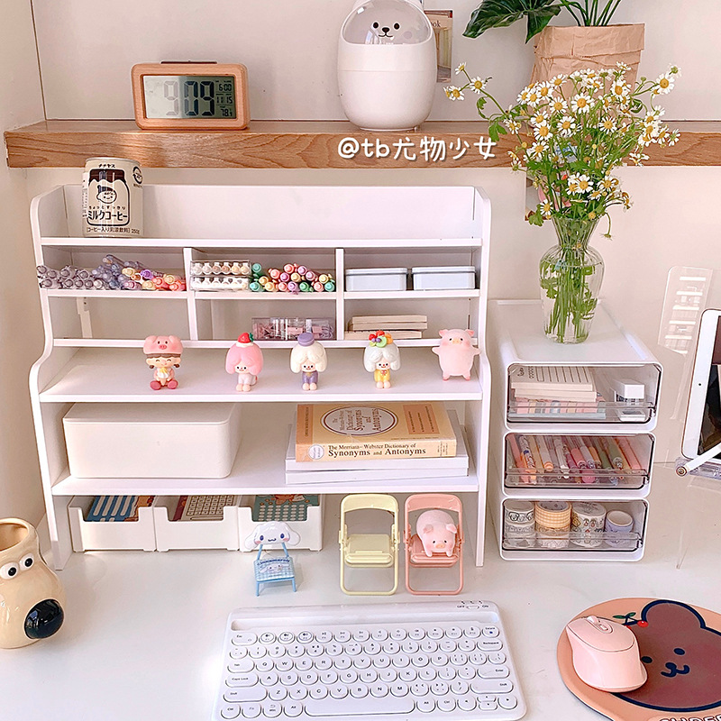 Office Multi-Layer White Mobile Bookshelf Organizing Rack Dormitory Cosmetics Storage Rack Desktop Double-Layer Storage Rack