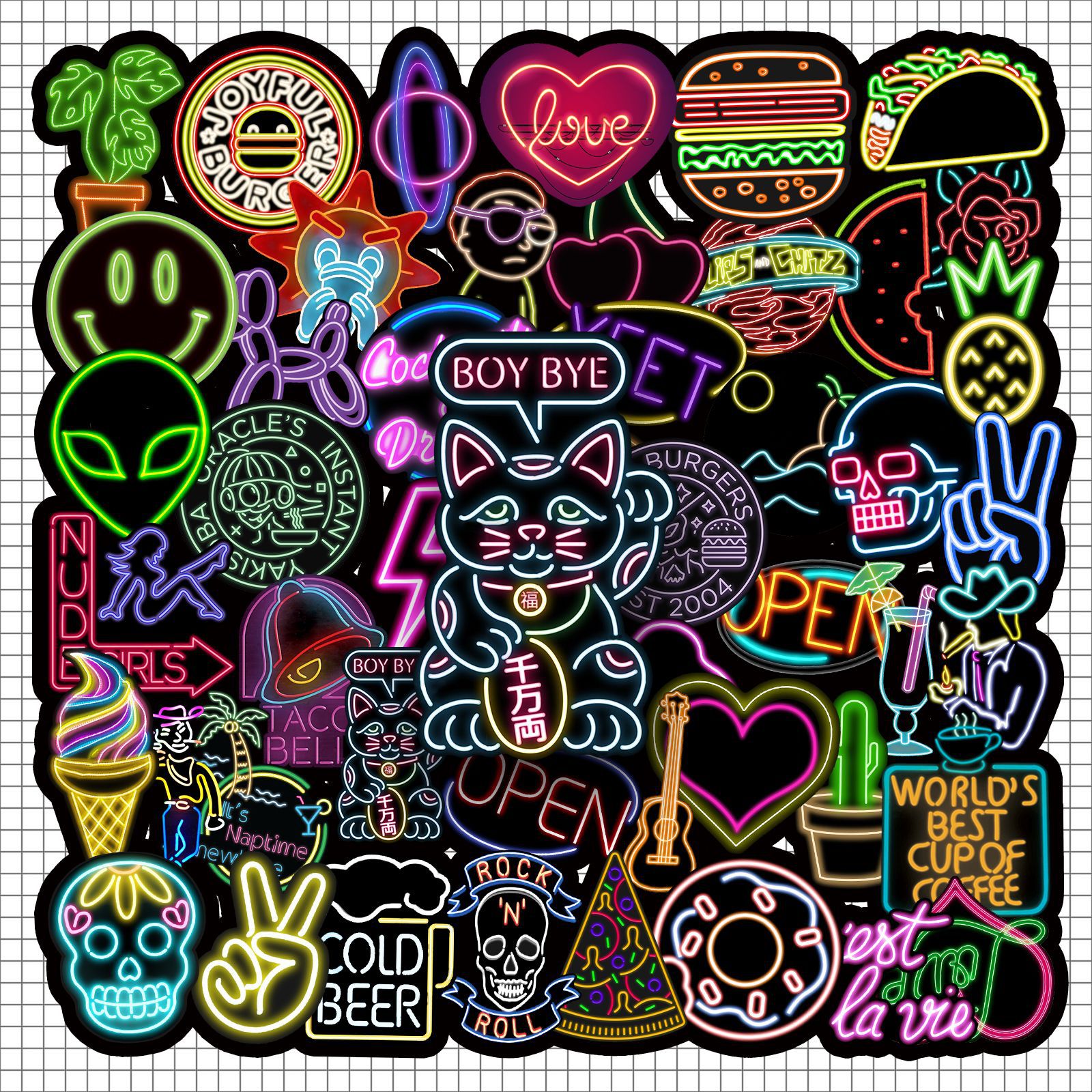 50张霓虹灯涂鸦贴纸彩色炫酷潮流防水装饰头盔摩托电瓶车滑板贴纸